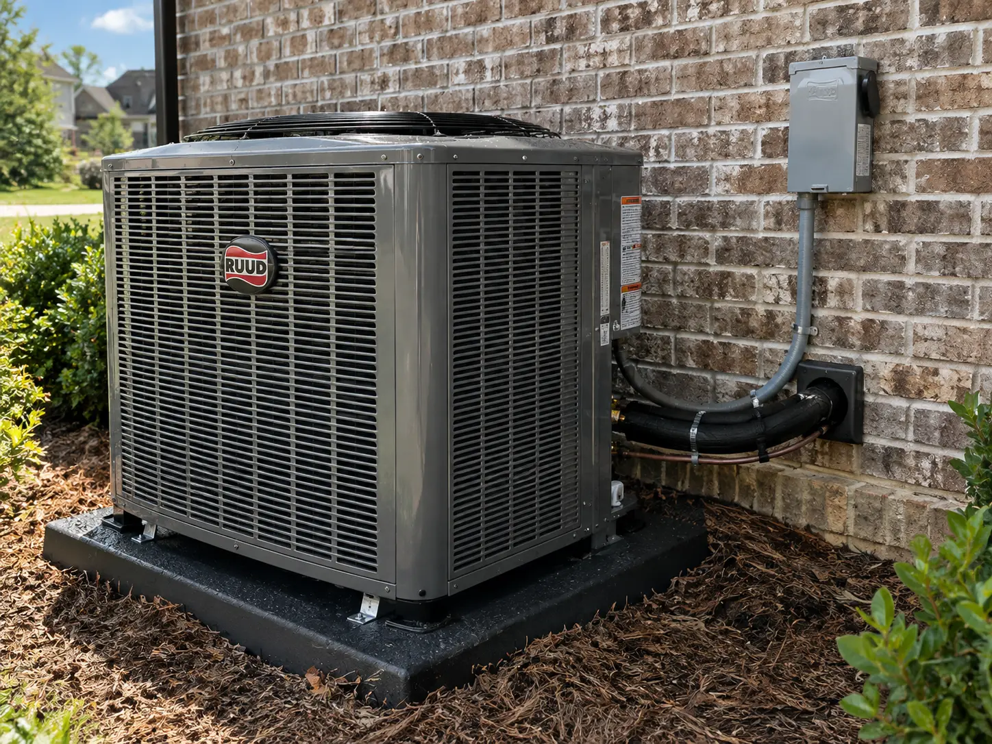 Ruud outdoor air conditioning condenser beside a brick wall
