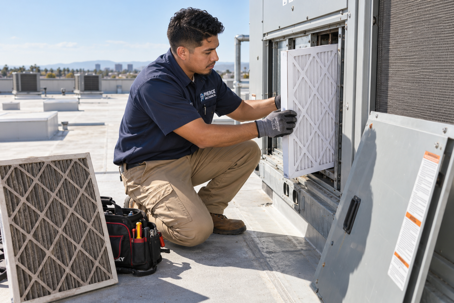 Technician replacing a commercial rooftop HVAC filter