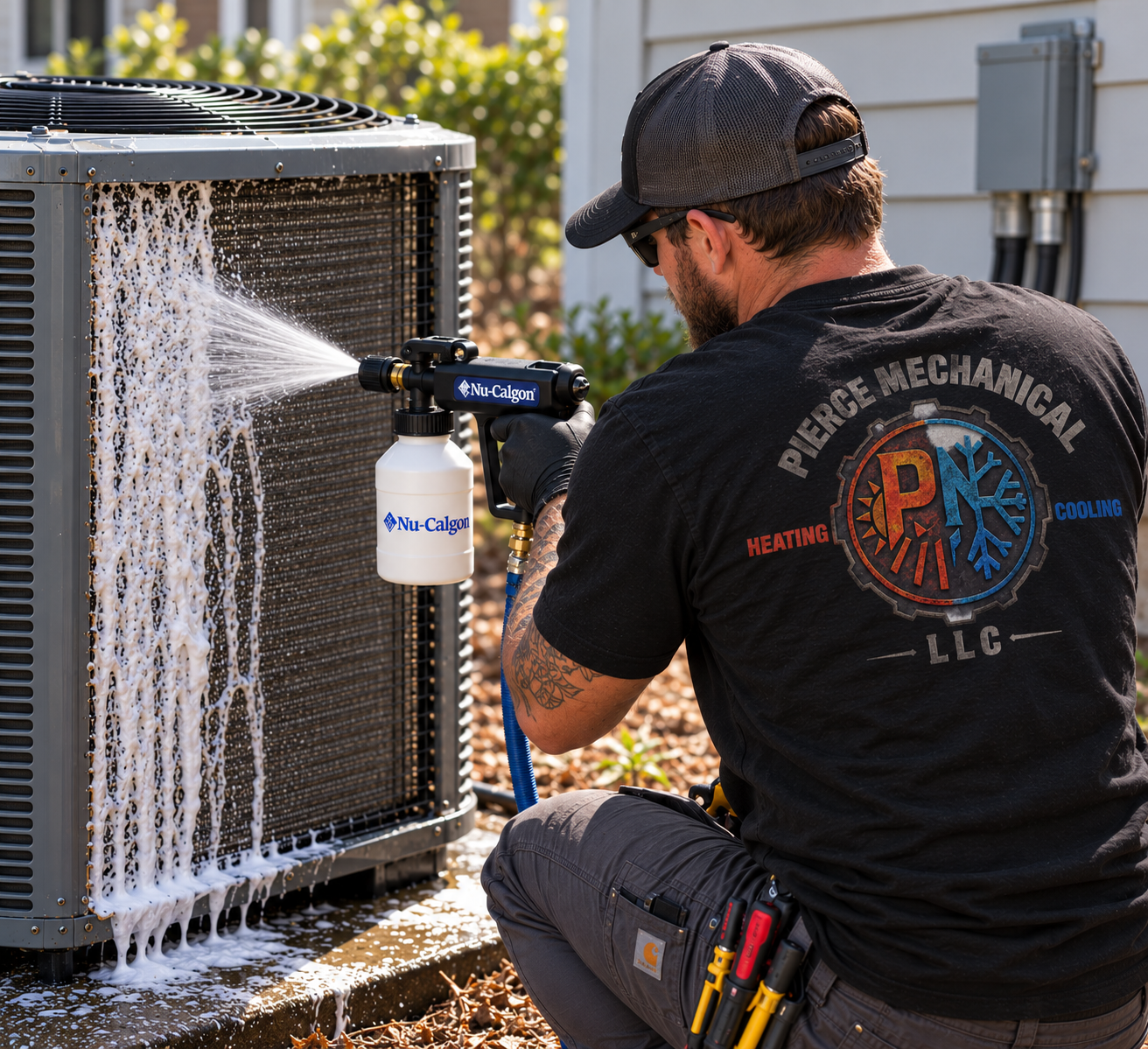 Pierce Mechanical technician cleaning a condenser coil