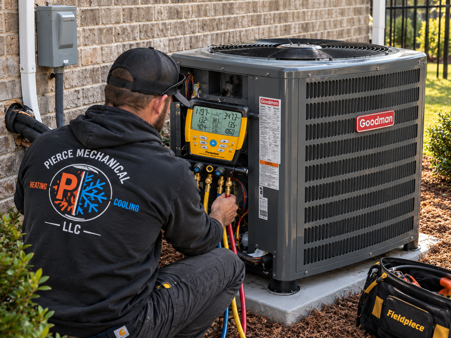 Pierce Mechanical technician servicing a Goodman air conditioning unit