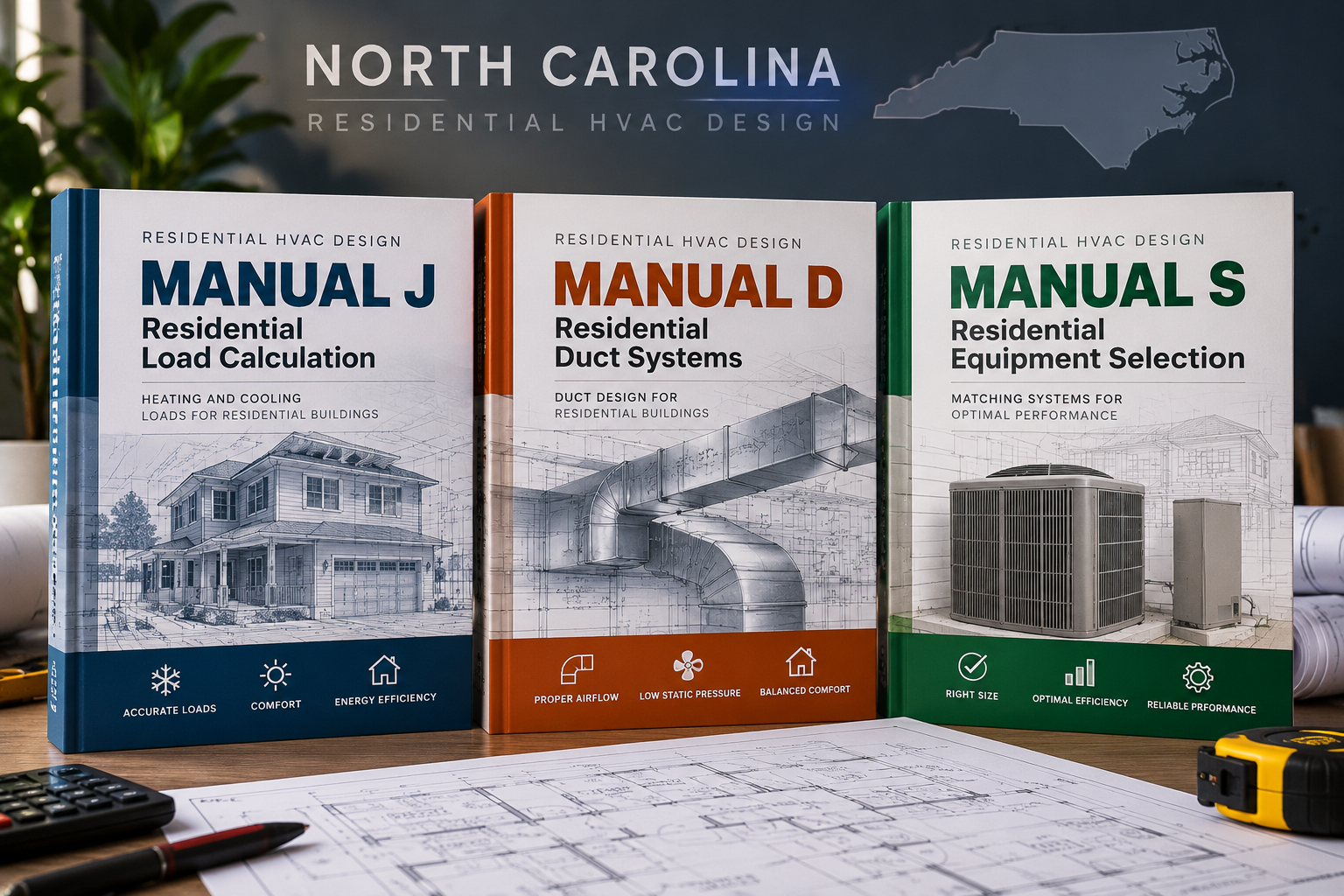 Manual J, Manual D, and Manual S residential HVAC design books on a desk with blueprints