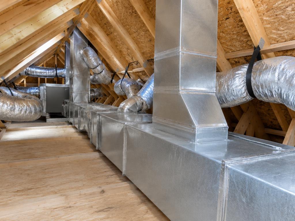 Residential HVAC ductwork in an attic